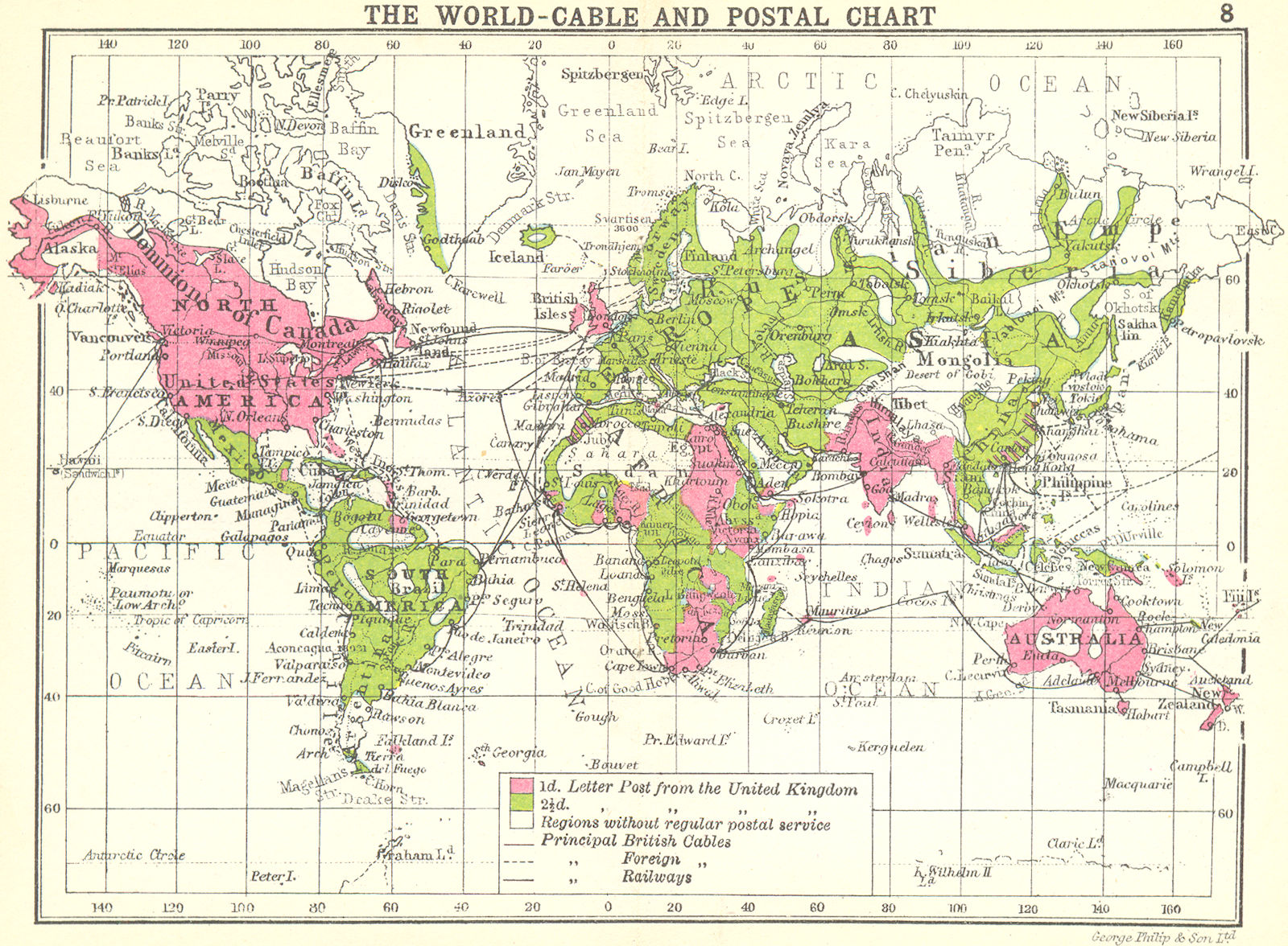 WORLD. The World-Cable and postal chart; Small map 1912 old antique